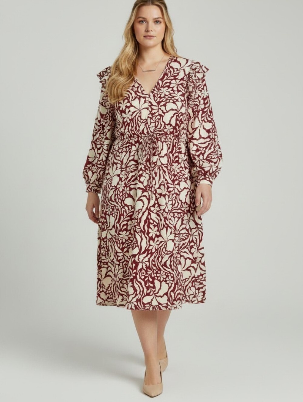 H&M Frill Trimmed Cotton Ruffle Midi Dress In Burgundy And Tan Size XXL NWT